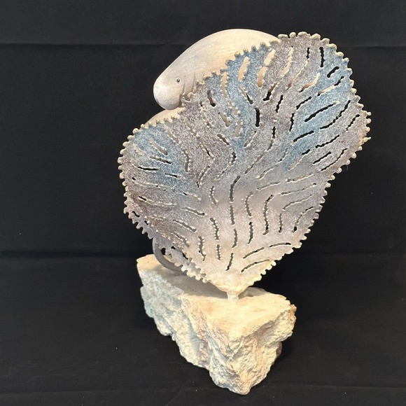 Coastal Decor "Wooden Manatee w/Metal accents on Stone base" Mixed Media - Picture 5 of 12